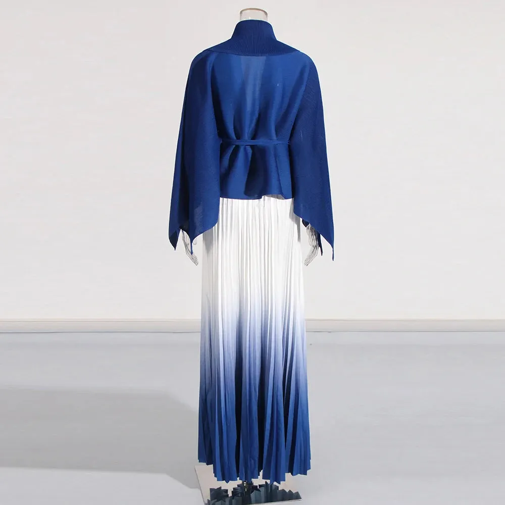 Long Cloak Sleeves Coat Pleated Skirt Vintage Two Piece Set