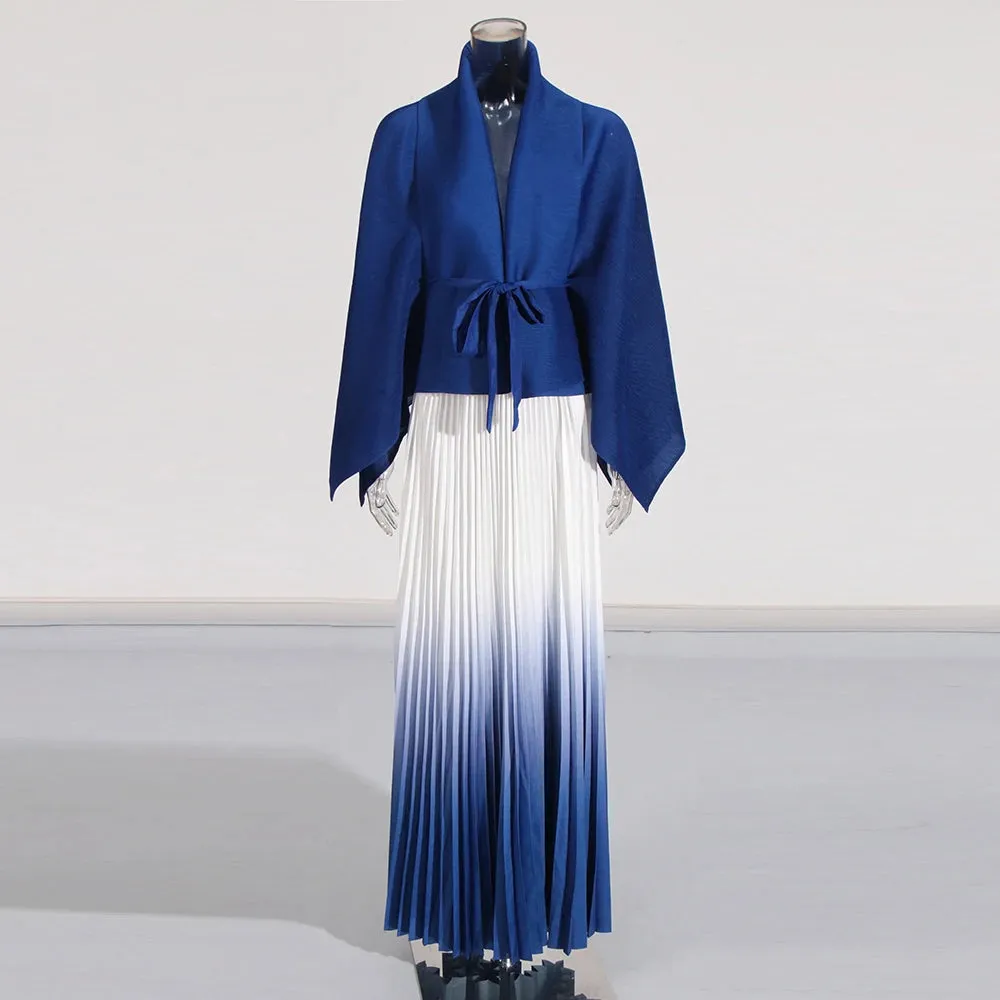 Long Cloak Sleeves Coat Pleated Skirt Vintage Two Piece Set