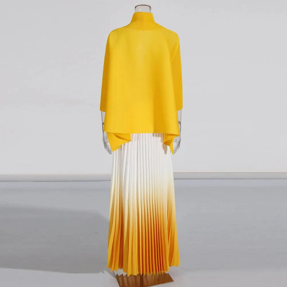 Long Cloak Sleeves Coat Pleated Skirt Vintage Two Piece Set