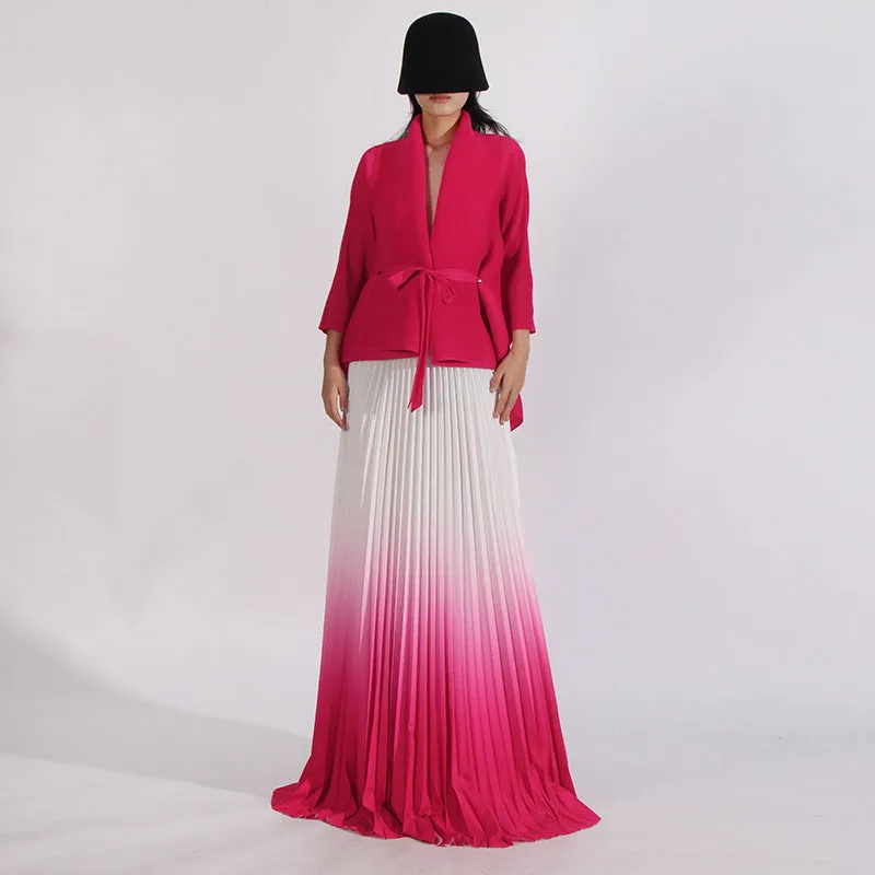 Long Cloak Sleeves Coat Pleated Skirt Vintage Two Piece Set