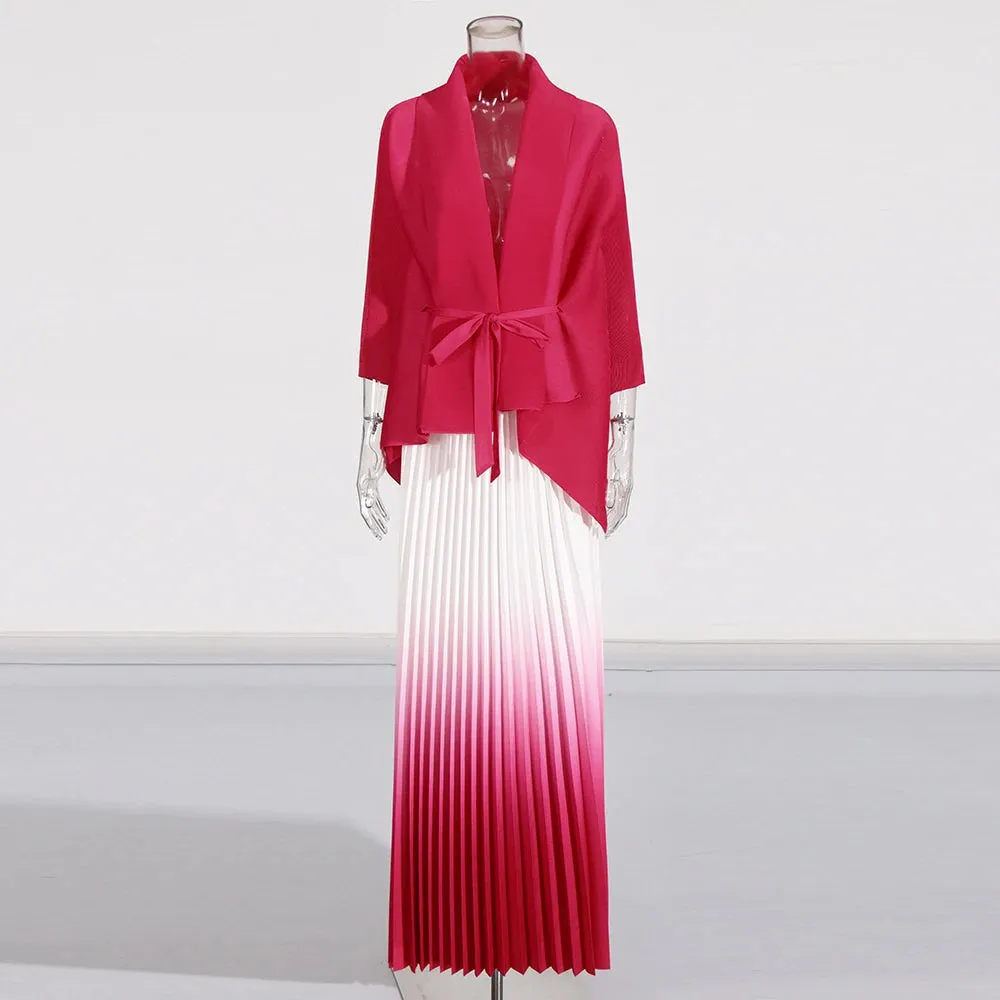 Long Cloak Sleeves Coat Pleated Skirt Vintage Two Piece Set