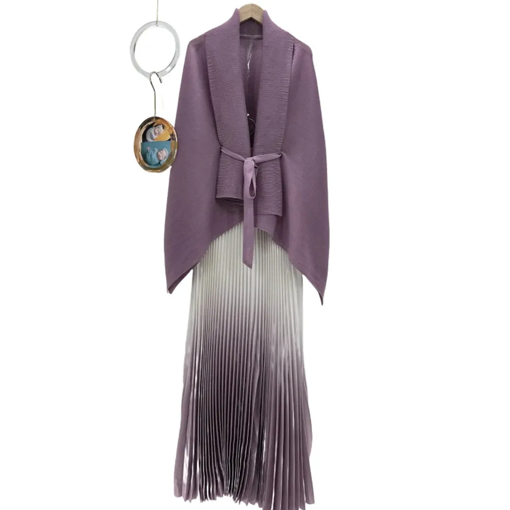 Long Cloak Sleeves Coat Pleated Skirt Vintage Two Piece Set