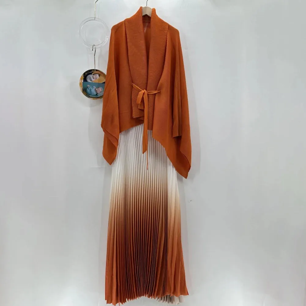 Long Cloak Sleeves Coat Pleated Skirt Vintage Two Piece Set