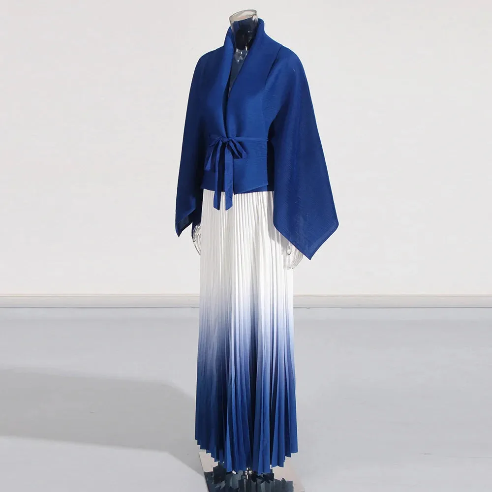 Long Cloak Sleeves Coat Pleated Skirt Vintage Two Piece Set
