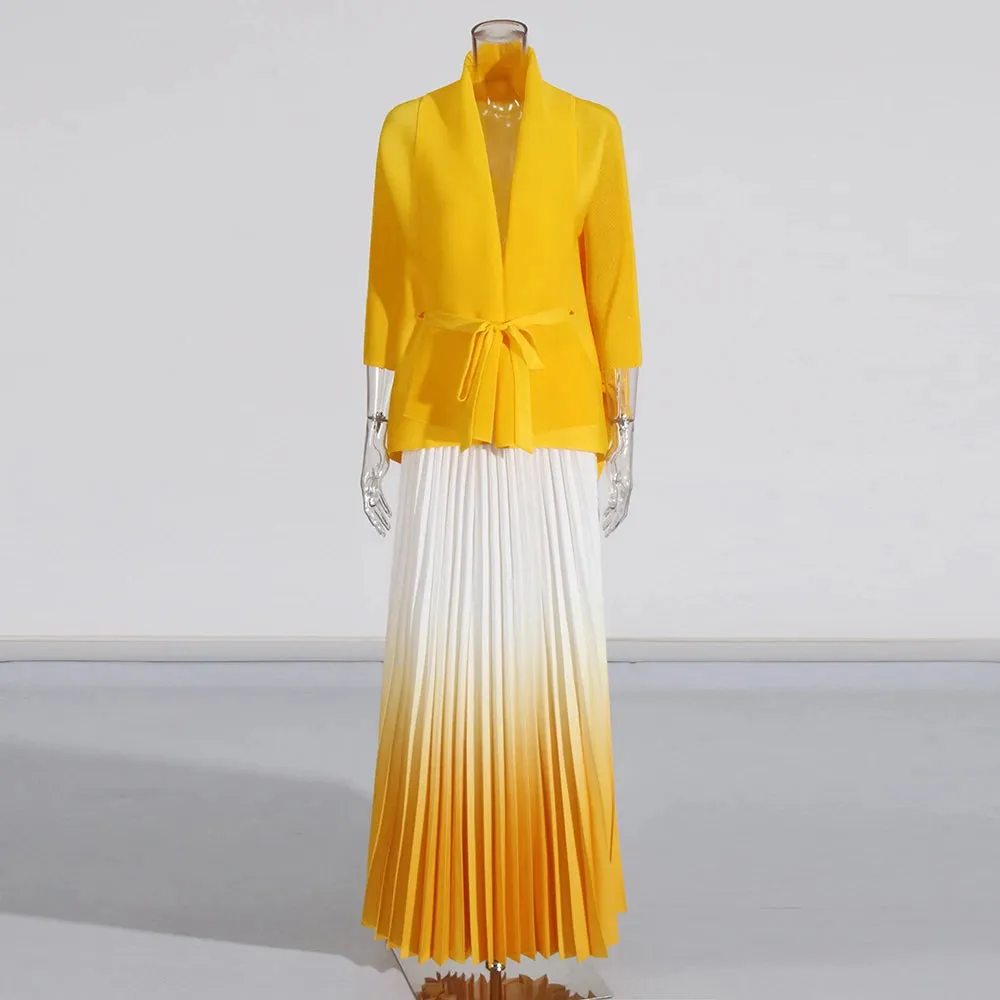 Long Cloak Sleeves Coat Pleated Skirt Vintage Two Piece Set