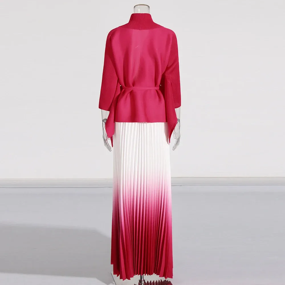 Long Cloak Sleeves Coat Pleated Skirt Vintage Two Piece Set
