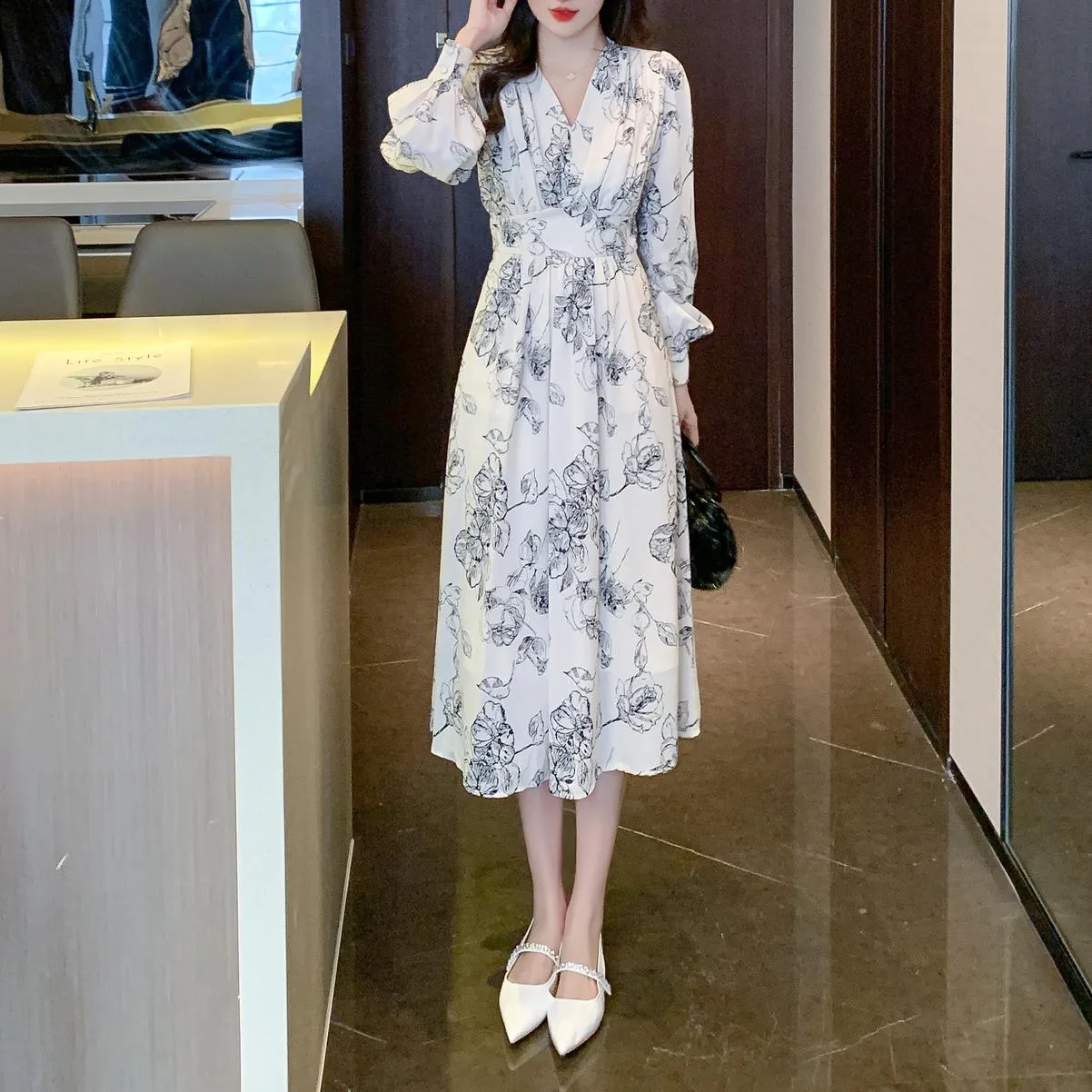 Long Sleeve Satin Dress in a Full Floral Print