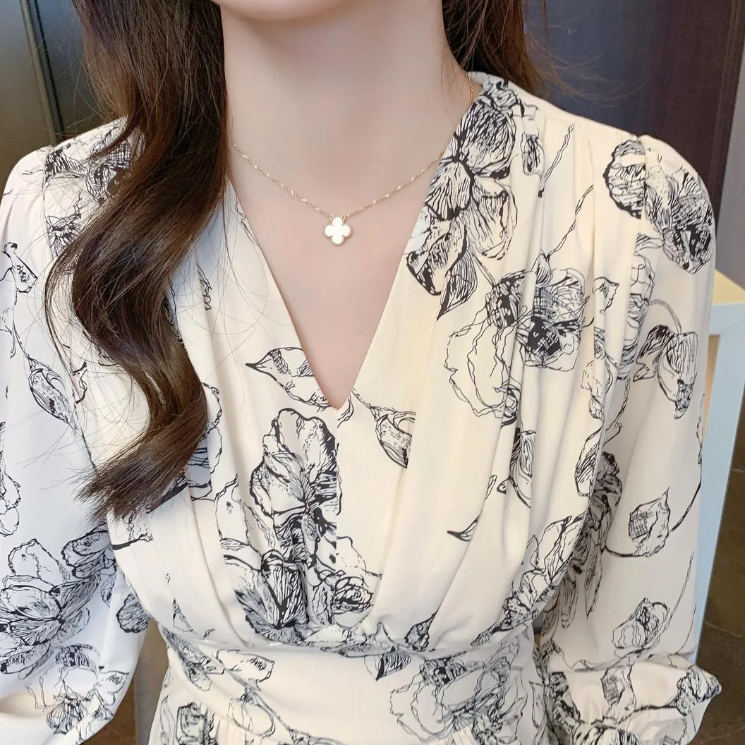 Long Sleeve Satin Dress in a Full Floral Print
