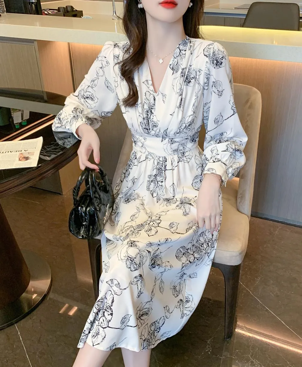 Long Sleeve Satin Dress in a Full Floral Print