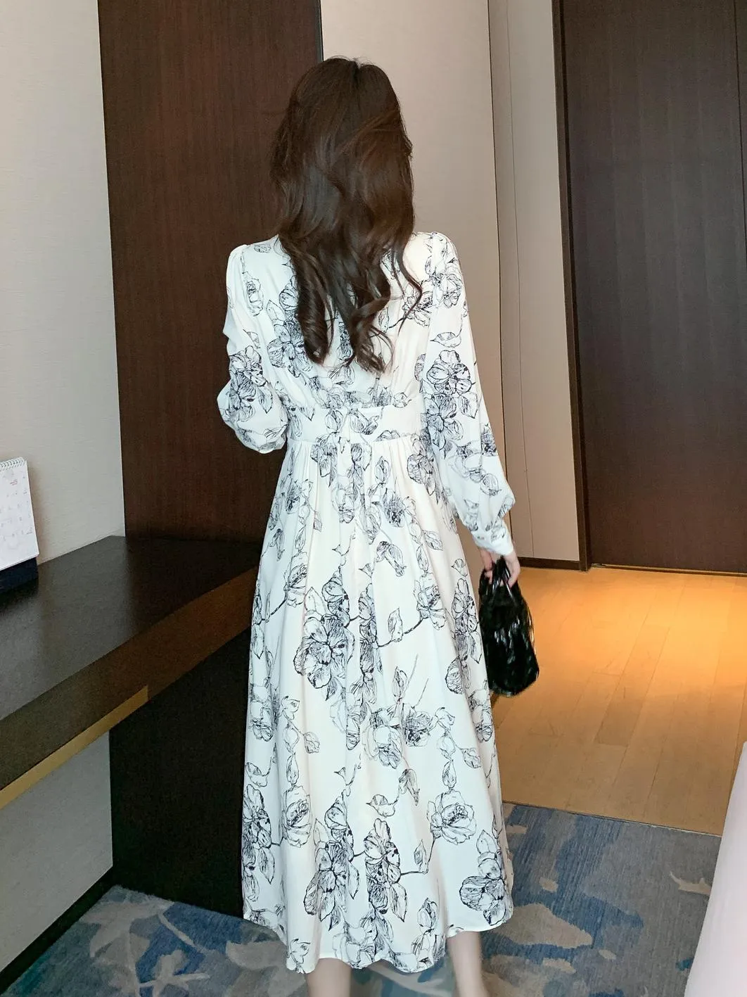 Long Sleeve Satin Dress in a Full Floral Print