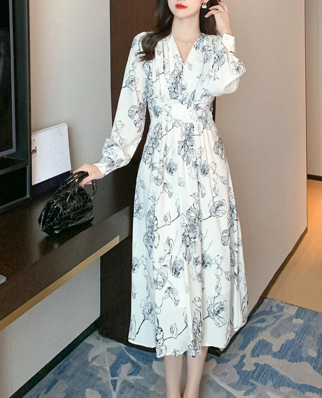 Long Sleeve Satin Dress in a Full Floral Print