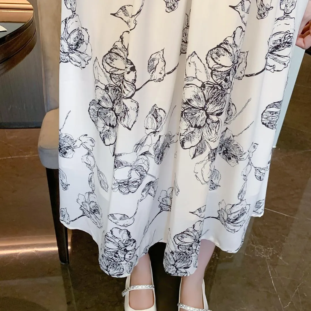 Long Sleeve Satin Dress in a Full Floral Print