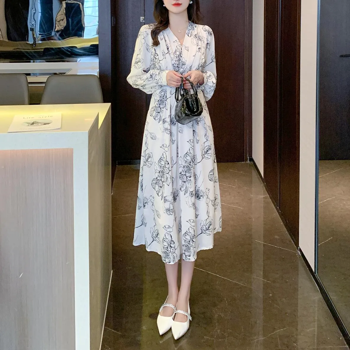 Long Sleeve Satin Dress in a Full Floral Print