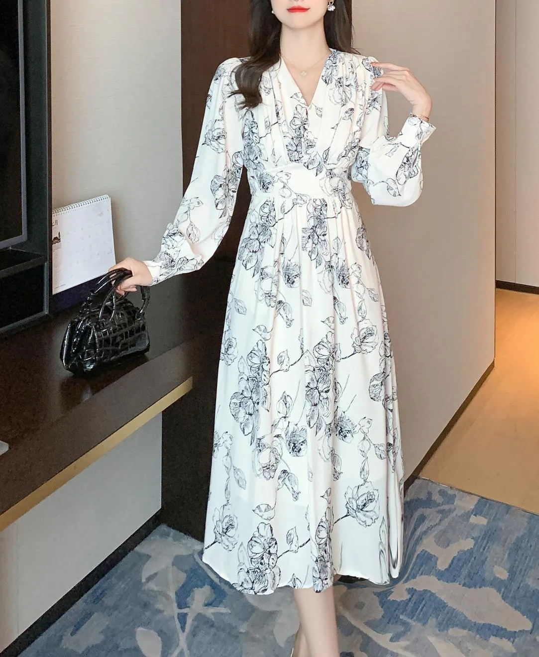 Long Sleeve Satin Dress in a Full Floral Print
