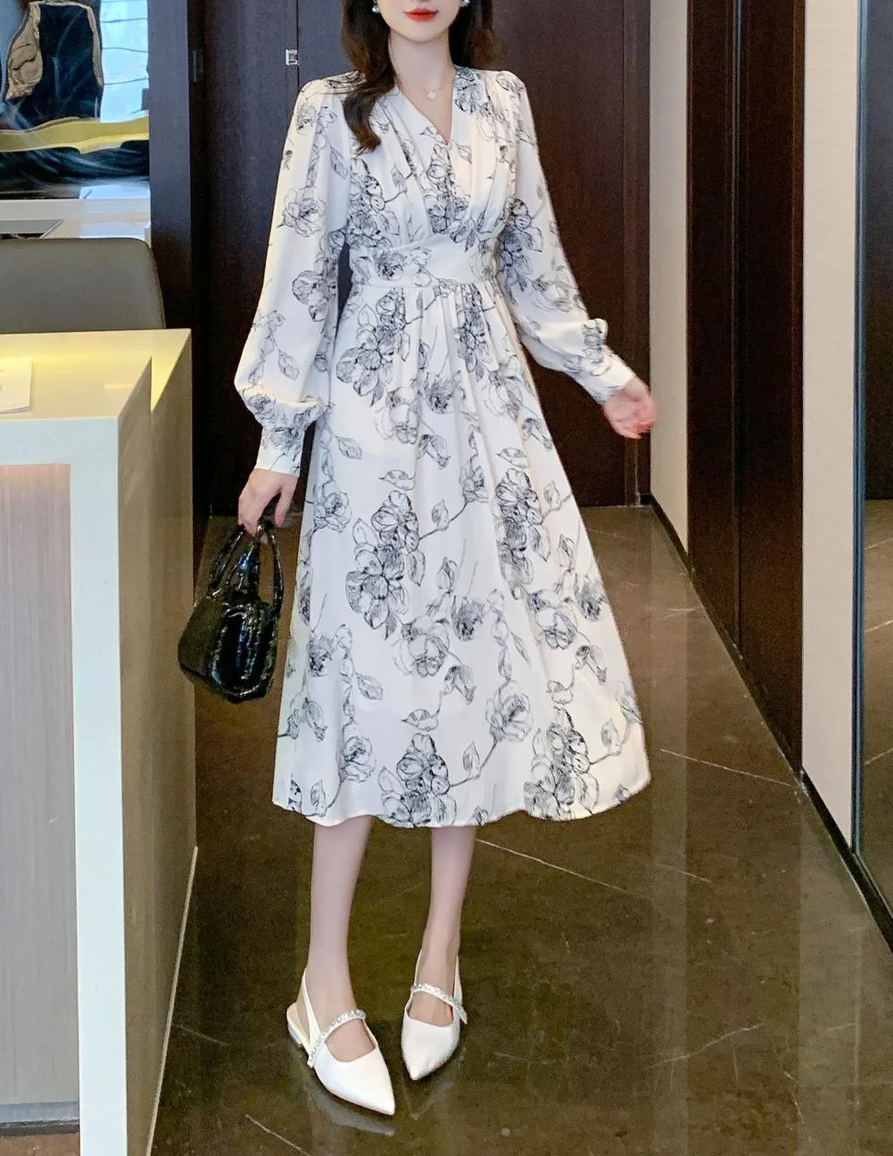 Long Sleeve Satin Dress in a Full Floral Print