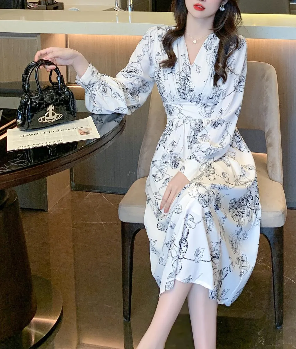Long Sleeve Satin Dress in a Full Floral Print