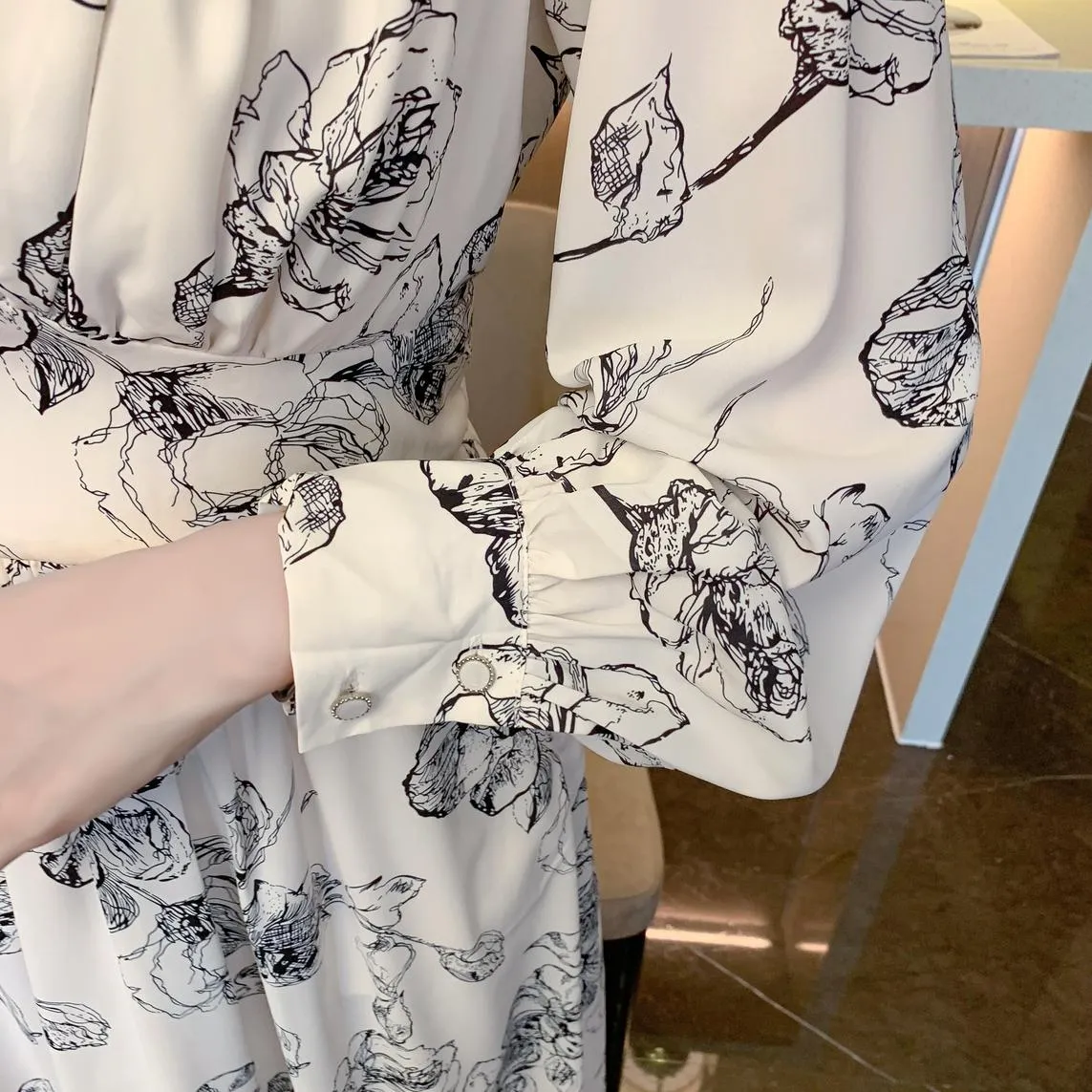 Long Sleeve Satin Dress in a Full Floral Print