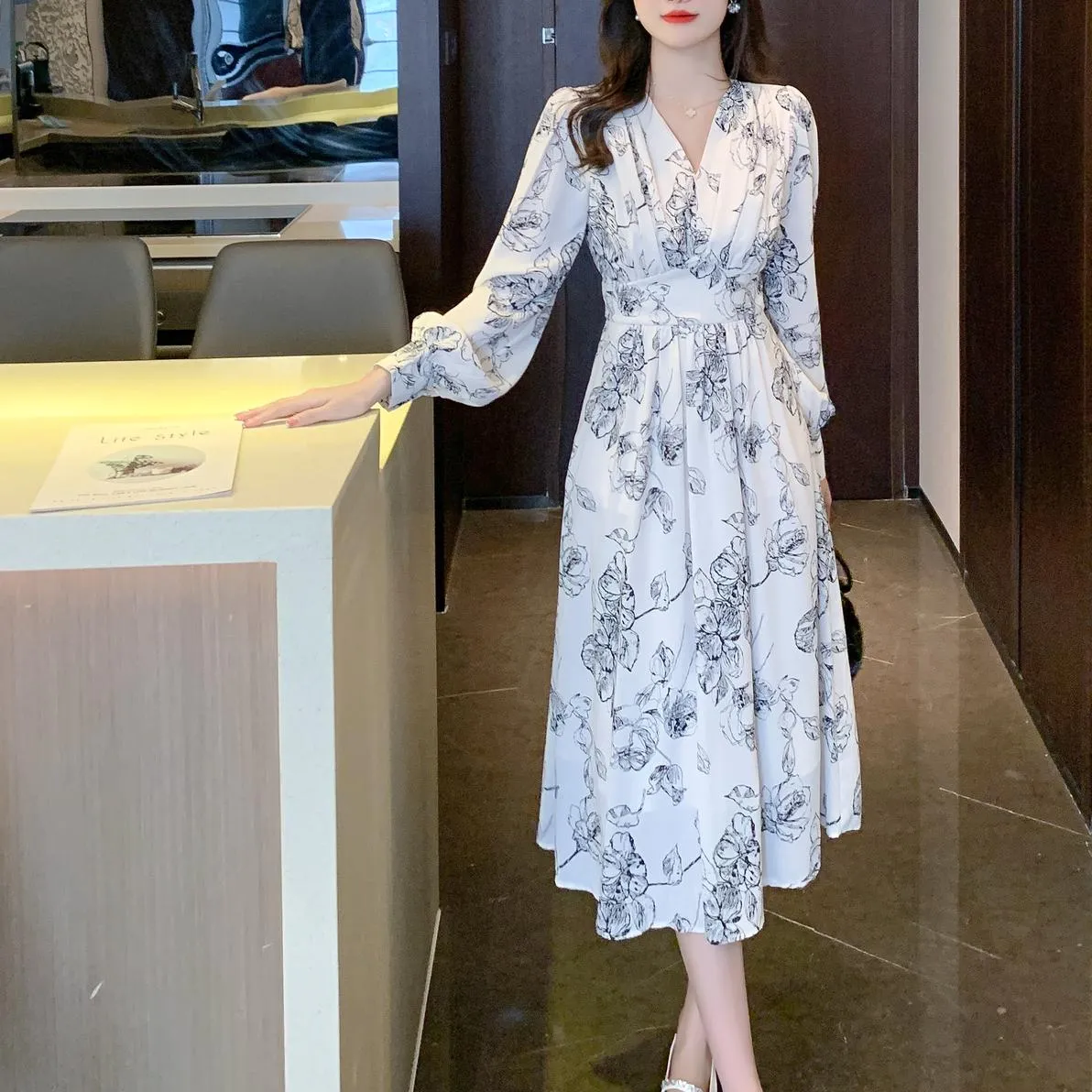 Long Sleeve Satin Dress in a Full Floral Print