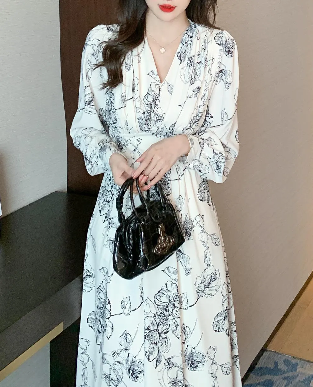Long Sleeve Satin Dress in a Full Floral Print