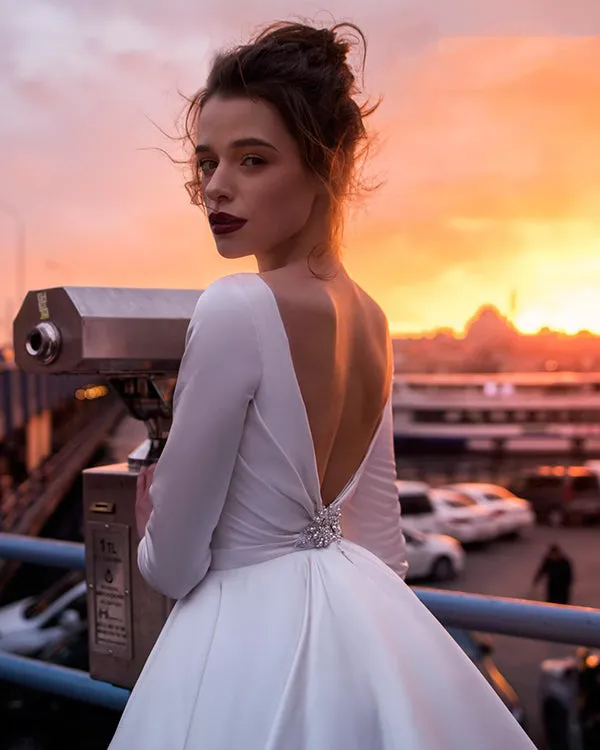 Long Sleeve Satin Wedding Dresses Backless 2019 Ball Gown Bridal Dress Cathedral Train