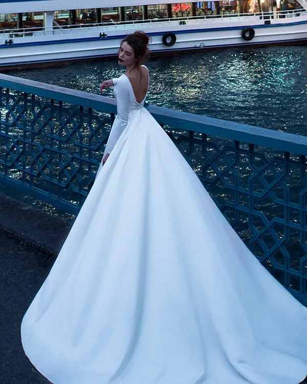 Long Sleeve Satin Wedding Dresses Backless 2019 Ball Gown Bridal Dress Cathedral Train