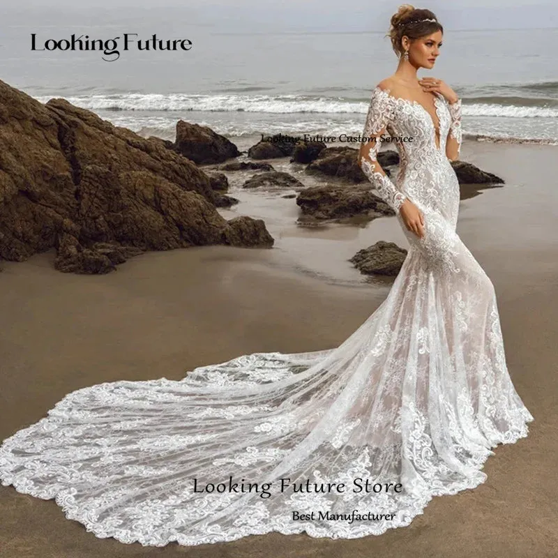 Long Sleeve Wedding Dress Lace Appliques Bridal Gowns