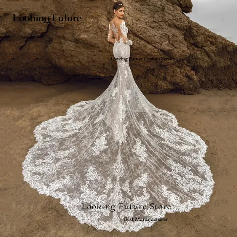 Long Sleeve Wedding Dress Lace Appliques Bridal Gowns