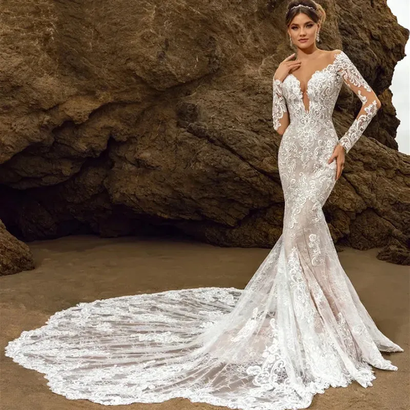 Long Sleeve Wedding Dress Lace Appliques Bridal Gowns