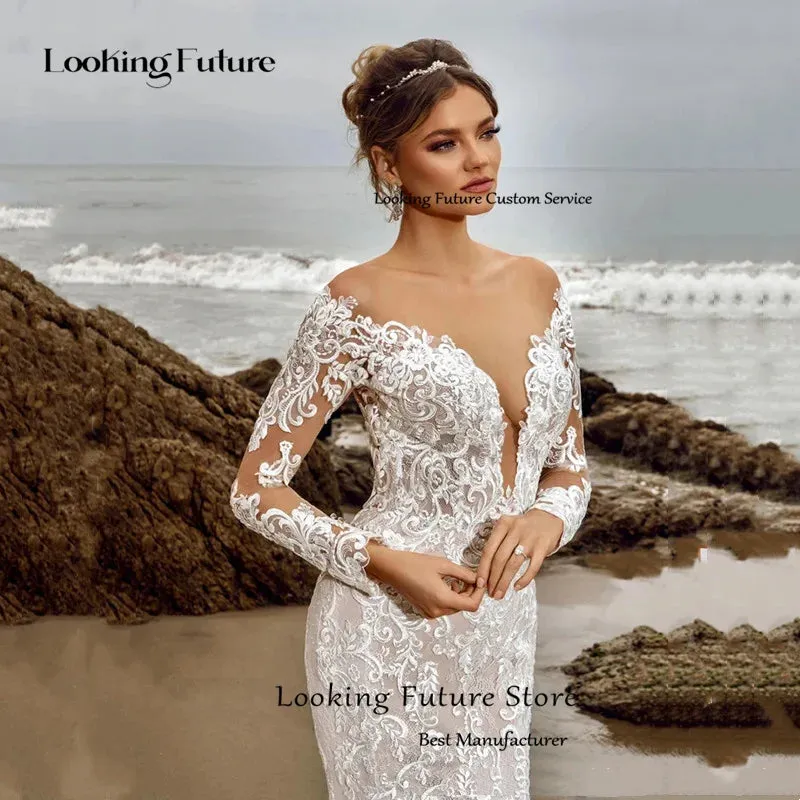 Long Sleeve Wedding Dress Lace Appliques Bridal Gowns