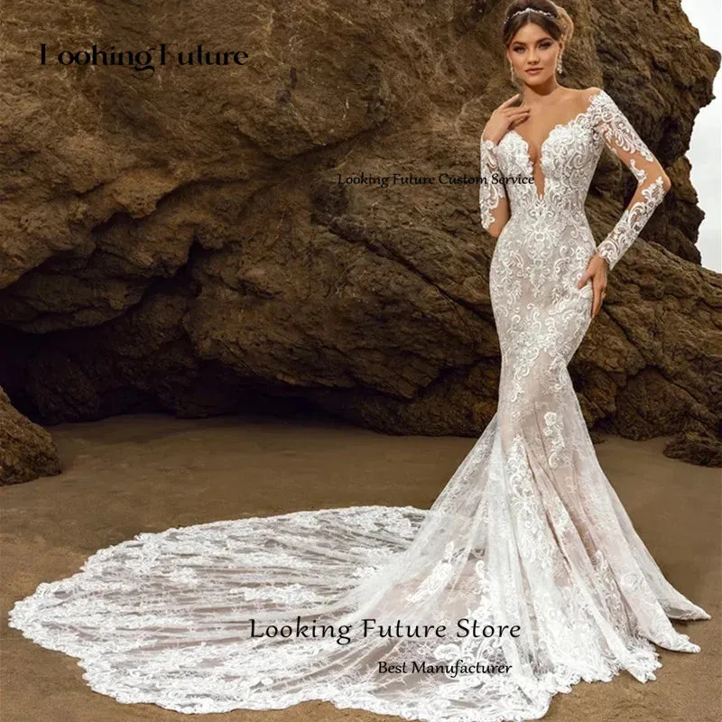 Long Sleeve Wedding Dress Lace Appliques Bridal Gowns