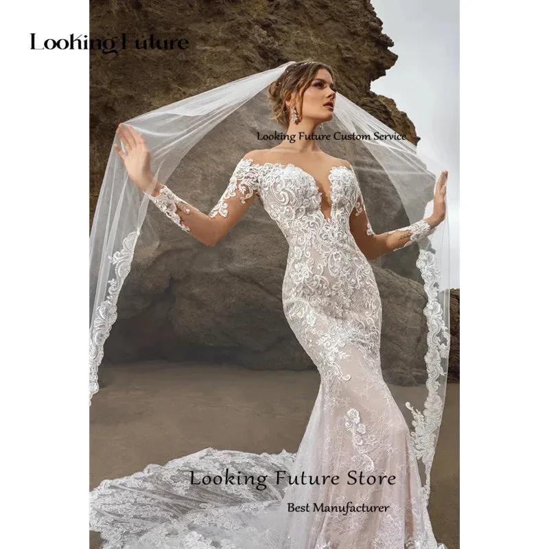 Long Sleeve Wedding Dress Lace Appliques Bridal Gowns