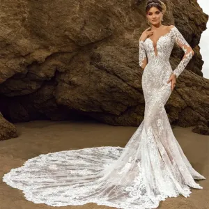 Long Sleeve Wedding Dress Lace Appliques Bridal Gowns