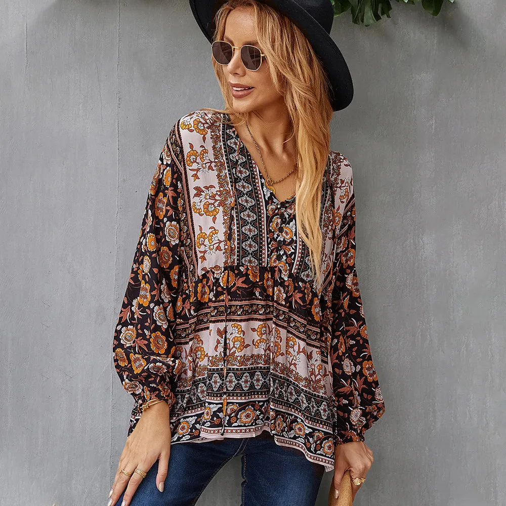 Long-sleeved Printed Vinatge Shirt Tops V Neck Casual Blouses Bohemian Puff Sleeve Chiffon Shirts Blusa Mujer