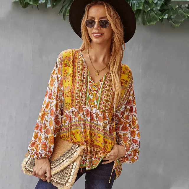 Long-sleeved Printed Vinatge Shirt Tops V Neck Casual Blouses Bohemian Puff Sleeve Chiffon Shirts Blusa Mujer