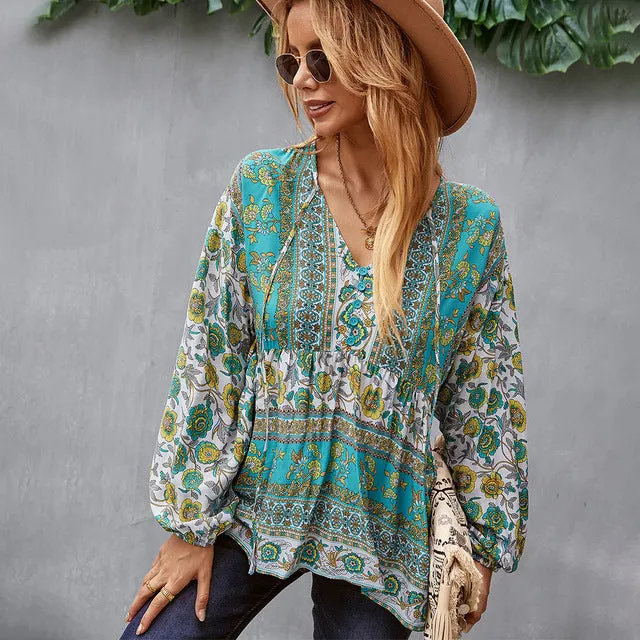 Long-sleeved Printed Vinatge Shirt Tops V Neck Casual Blouses Bohemian Puff Sleeve Chiffon Shirts Blusa Mujer