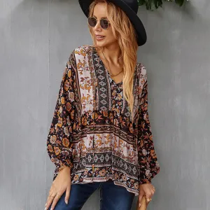 Long-sleeved Printed Vinatge Shirt Tops V Neck Casual Blouses Bohemian Puff Sleeve Chiffon Shirts Blusa Mujer