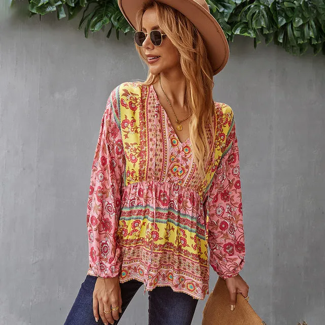 Long-sleeved Printed Vinatge Shirt Tops V Neck Casual Blouses Bohemian Puff Sleeve Chiffon Shirts Blusa Mujer