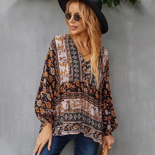 Long-sleeved Printed Vinatge Shirt Tops V Neck Casual Blouses Bohemian Puff Sleeve Chiffon Shirts Blusa Mujer