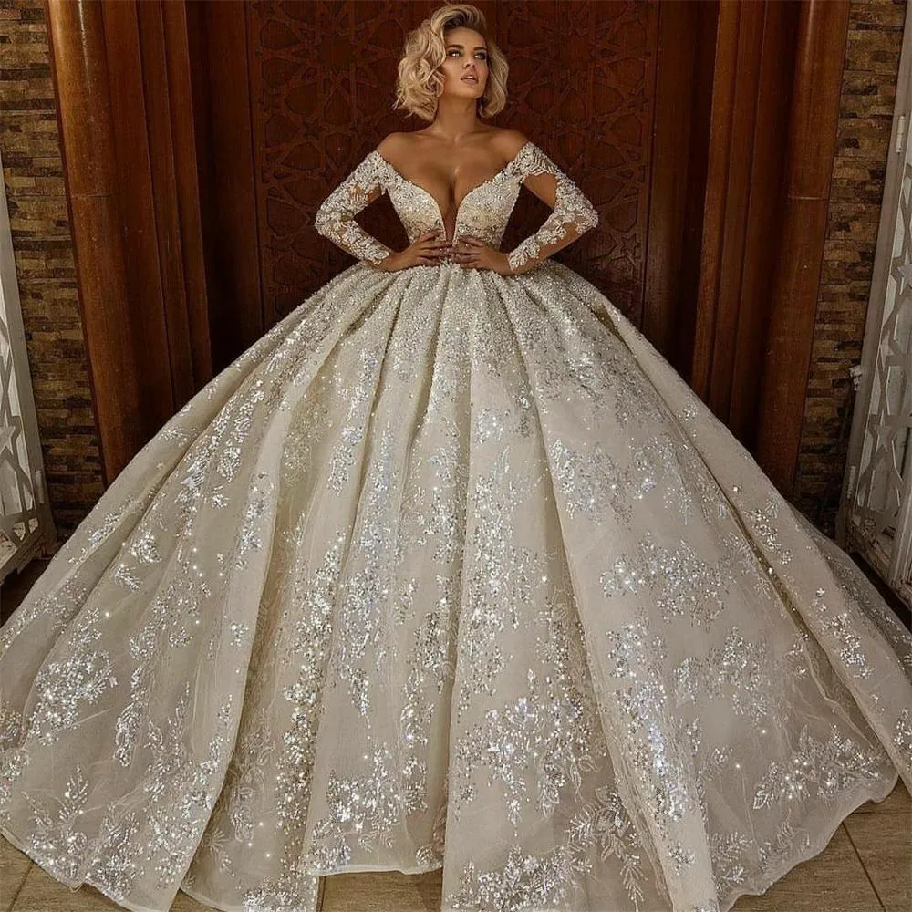 Long Sleeves Deep V Neck Bridal Plus Size Wedding Gowns