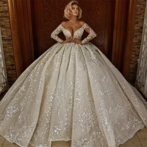 Long Sleeves Deep V Neck Bridal Plus Size Wedding Gowns