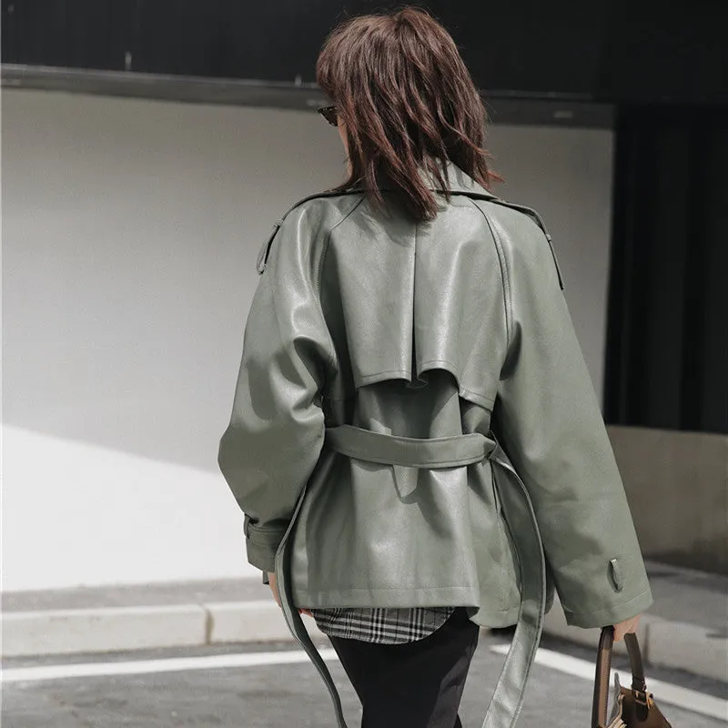 Loose Casual Simple Harajuku Lace Lapel Short Pu Leather Jacket