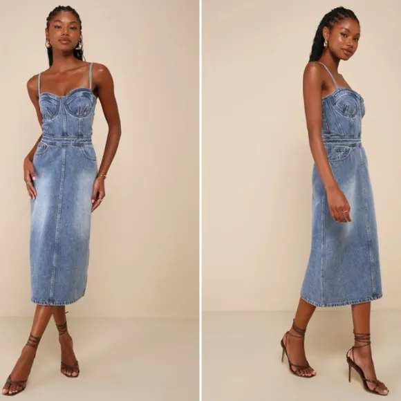LULU's Sexy Resort Vacation Casual Date Night Bustier Denim Midi Dress
