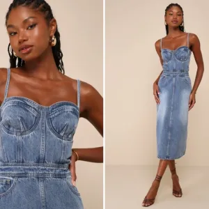 LULU's Sexy Resort Vacation Casual Date Night Bustier Denim Midi Dress