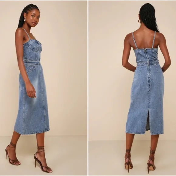 LULU's Sexy Resort Vacation Casual Date Night Bustier Denim Midi Dress