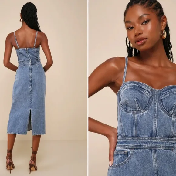 LULU's Sexy Resort Vacation Casual Date Night Bustier Denim Midi Dress
