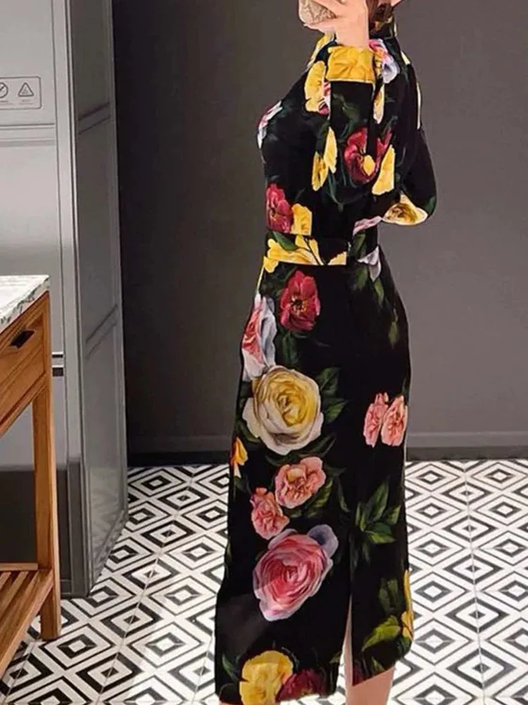Luxury Spring New two-piece Printed Shirt top high waist slim Skirt