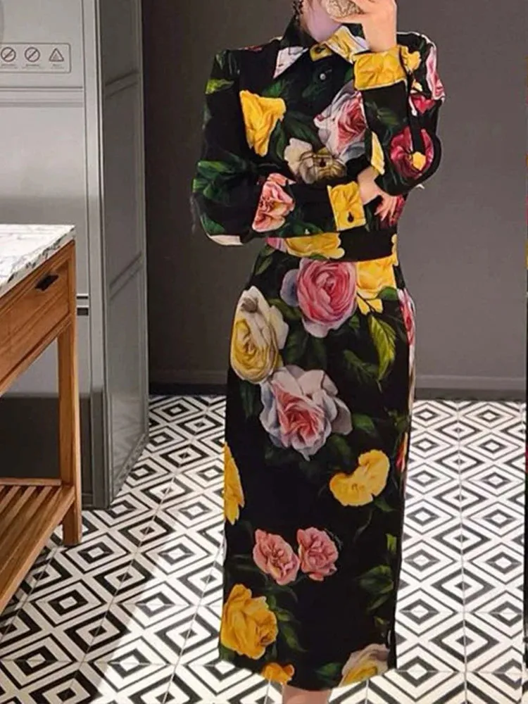Luxury Spring New two-piece Printed Shirt top high waist slim Skirt