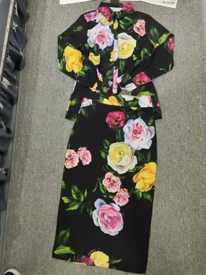 Luxury Spring New two-piece Printed Shirt top high waist slim Skirt