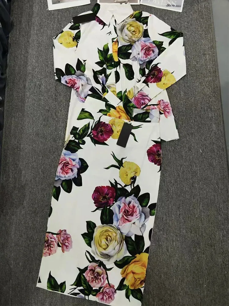 Luxury Spring New two-piece Printed Shirt top high waist slim Skirt