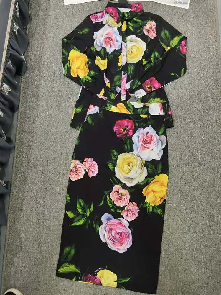 Luxury Spring New two-piece Printed Shirt top high waist slim Skirt